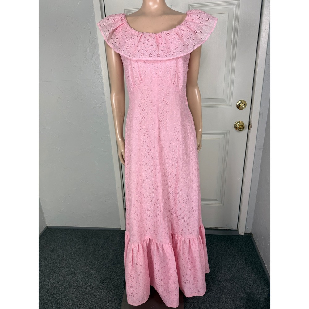 Vintage 70s Women's Dress Formal Cotton Eyelet Maxi Party Floral Sleeveless S10